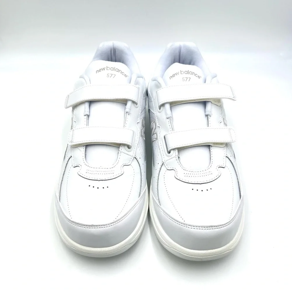 12W 12 WIDE New Balance Hook And Loop‎ 577 White Leather Walking Sneakers Shoes